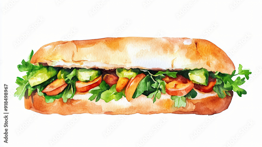 A watercolor banh mi sandwich on a plain white background A watercolor banh mi sandwich on a plain white background