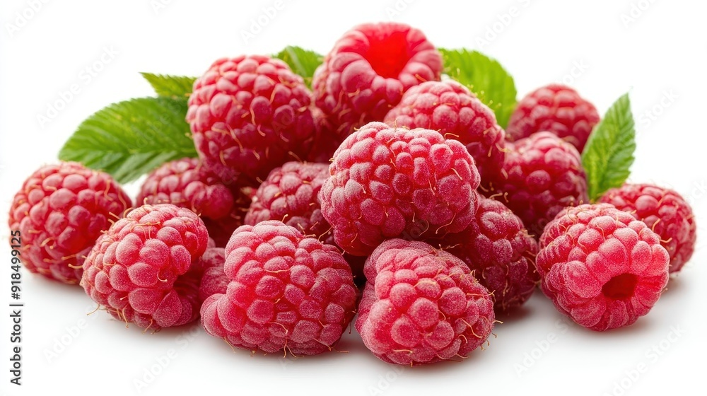 A bunch of vibrant red raspberries with a slightly fuzzy texture, arranged on a white background. A bunch of vibrant red raspberries with a slightly fuzzy texture, arranged on a white background.