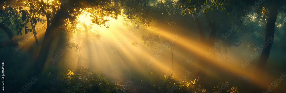 Sunbeams Through Forest: Serene Woodland Morning Sunbeams Through Forest: Serene Woodland Morning
