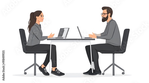 A young man and woman sitting at a table in an office, vector illustration with a white background, a laptop on the desk