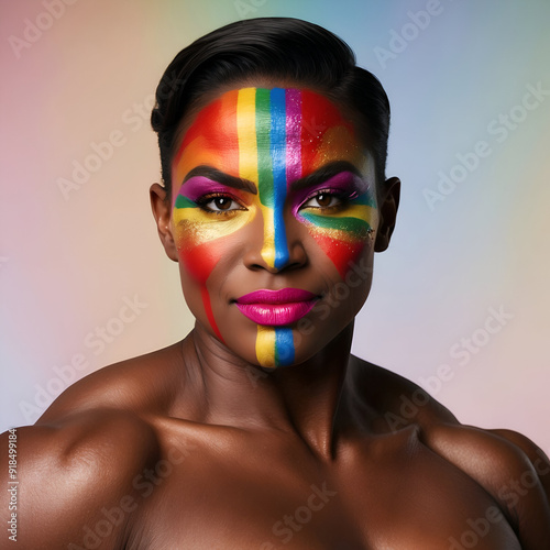 portrait of a confident, muscular intersex woman athlete, her face painted in bold, rainbow-colored stripes, Pride-inspired makeup, showcasing her support for the LGTBIQ+ community photo