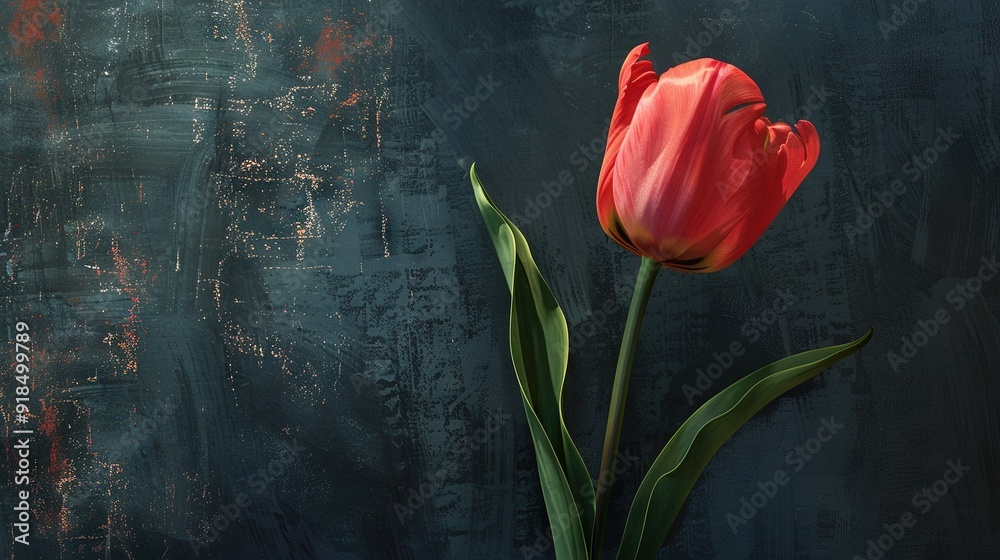 Red tulip in vase on table next to blue painting Red tulip in vase on table next to blue painting