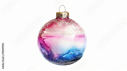 A watercolor Christmas bauble with shimmering glitter on a plain white background