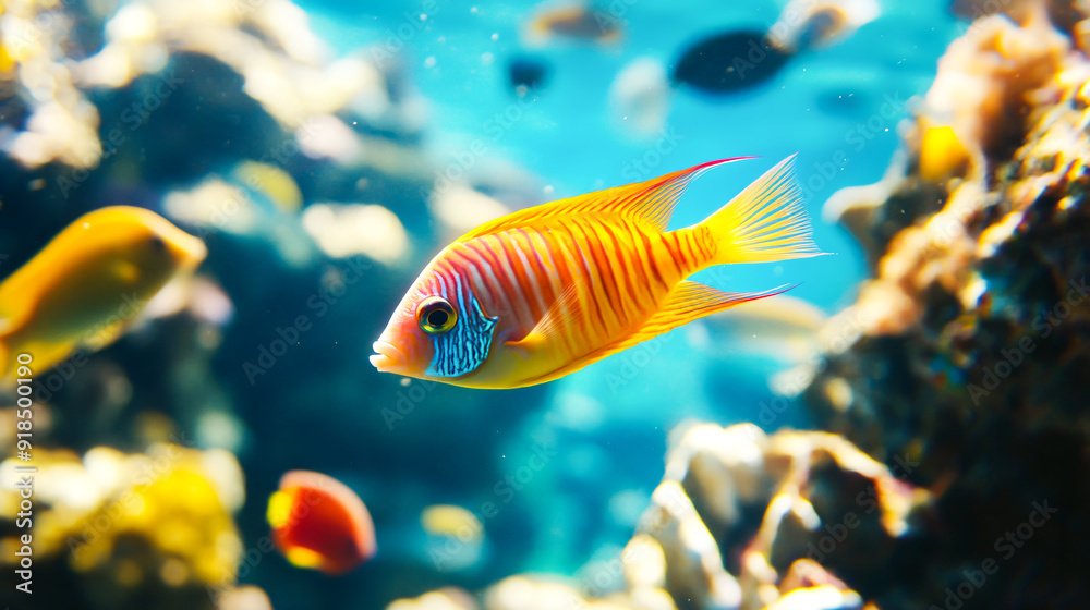 A vibrant yellow tang fish swimming in a colorful tropical aquarium