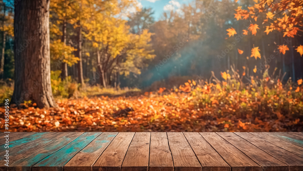 Empty wooden table against the background of an autumn forest or park. Empty wooden table against the background of an autumn forest or park.