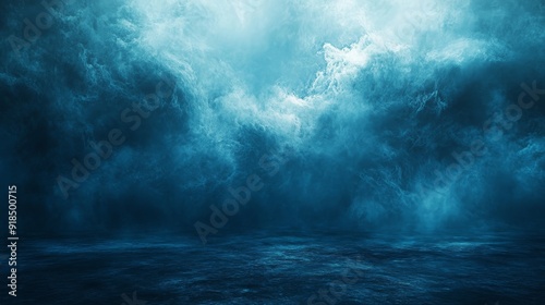 A dramatic seascape captured in turbulent blues, representing the powerful, stormy nature of the sea, with dark clouds and waves conveying intensity and emotion.