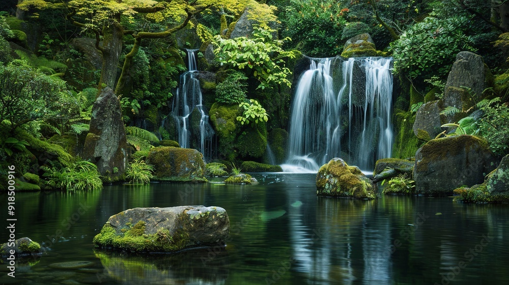 A vast waterfall cascading amidst lush greenery, with a towering rock at its center A vast waterfall cascading amidst lush greenery, with a towering rock at its center