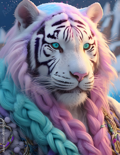 tiger, tier, close up, photo, neon, pink, türkis, nostalgia, style, y2k, dreadlocks, surreal, süss, niedlich, rosa, hellblau, pastel, farbe, katze, makro, vibrant, kopf, portrait, gesicht, weiß, ad photo