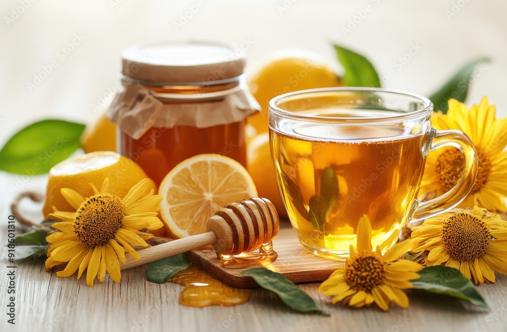 glass cup of honey and lemon tea, with nursery flowers on the table