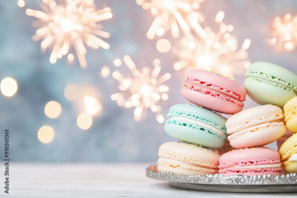 Colorful Macarons Stack with Festive Bokeh and Sparkles in the Background Colorful Macarons Stack with Festive Bokeh and Sparkles in the Background