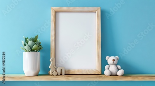   Wooden frame resting on shelf with potted plant and nearby  bear