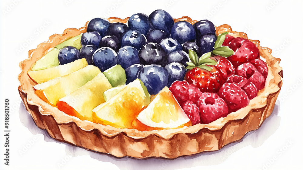 A watercolor fruit tart centered on a plain white background A watercolor fruit tart centered on a plain white background