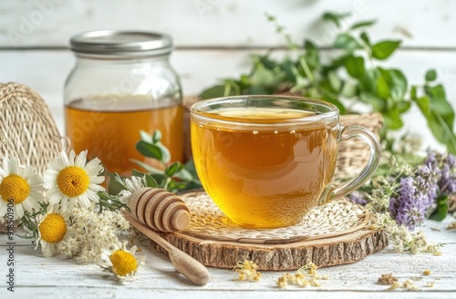 glass cup of honey and lemon tea, with nursery flowers on the table