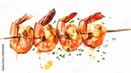 A watercolor grilled shrimp skewer on a plain white background