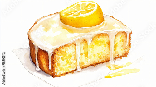 A watercolor lemon drizzle cake with a lemon glaze on a plain white background