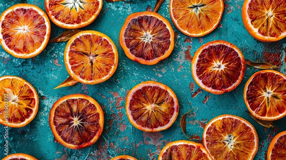 Blood oranges cut in half on a blue surface with peeling paint Blood oranges cut in half on a blue surface with peeling paint