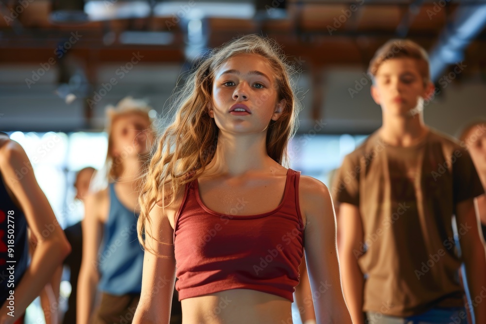 Group of Focused Teenagers Rehearsing for a School Musical Theater Production in a Studio Group of Focused Teenagers Rehearsing for a School Musical Theater Production in a Studio