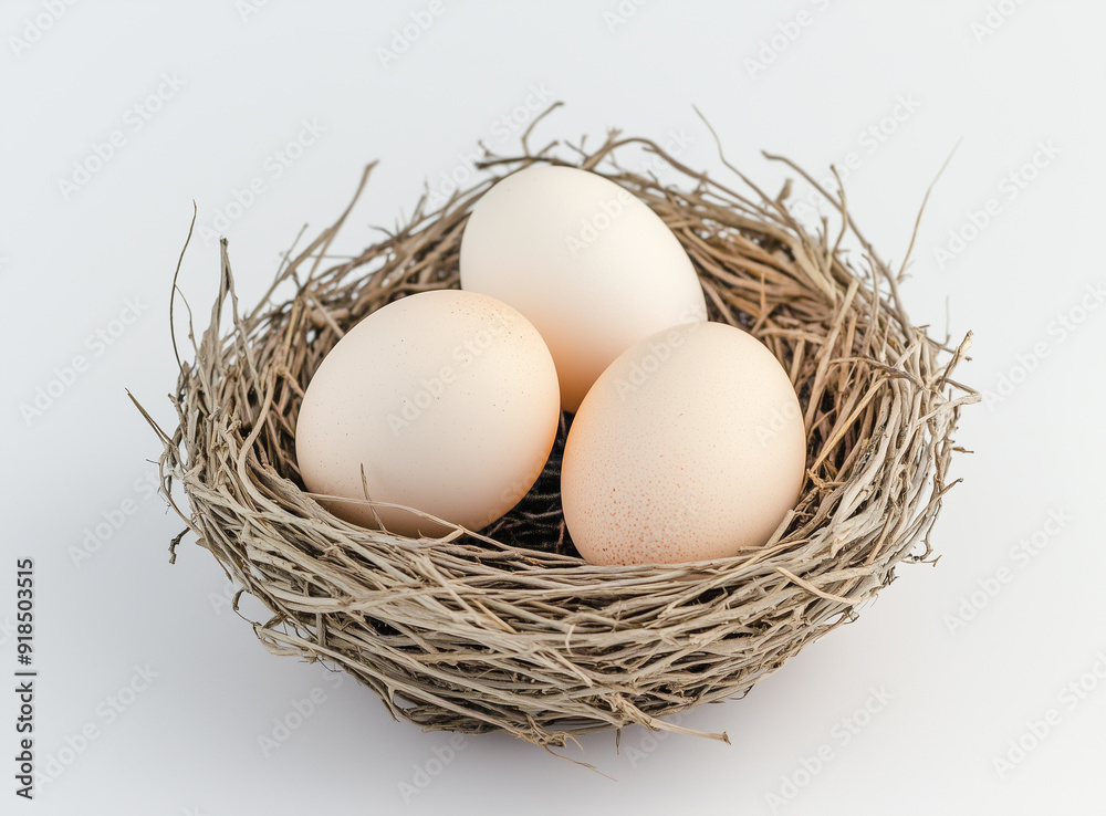 Close-up of chicken eggs in a nest on white background. Generative AI. Close-up of chicken eggs in a nest on white background. Generative AI.