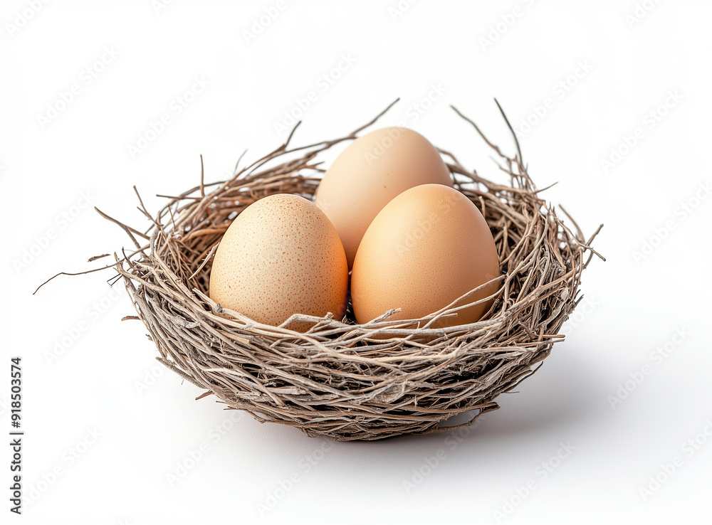 Close-up of chicken eggs in a nest on white background. Generative AI. Close-up of chicken eggs in a nest on white background. Generative AI.