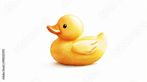 A watercolor rubber duck with a bright yellow color on a plain white background