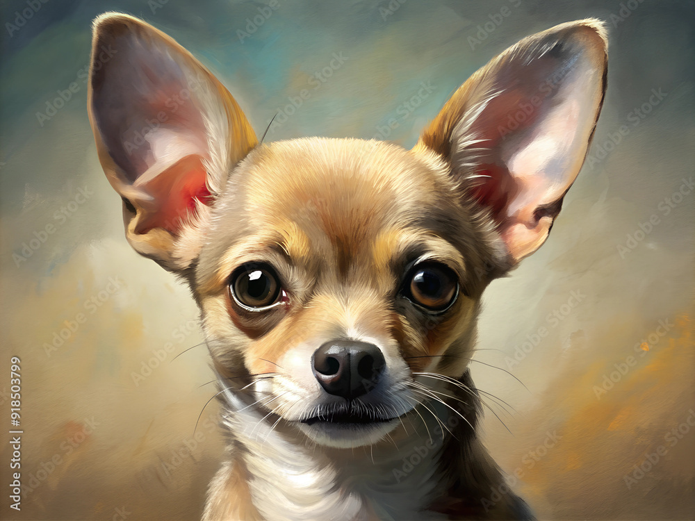Digital art illustration of Close-up a chihuahua dog with big brown eyes and a white and brown coat Digital art illustration of Close-up a chihuahua dog with big brown eyes and a white and brown coat
