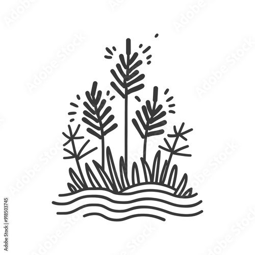 Hand drawn illustration of reeds growing out of the water