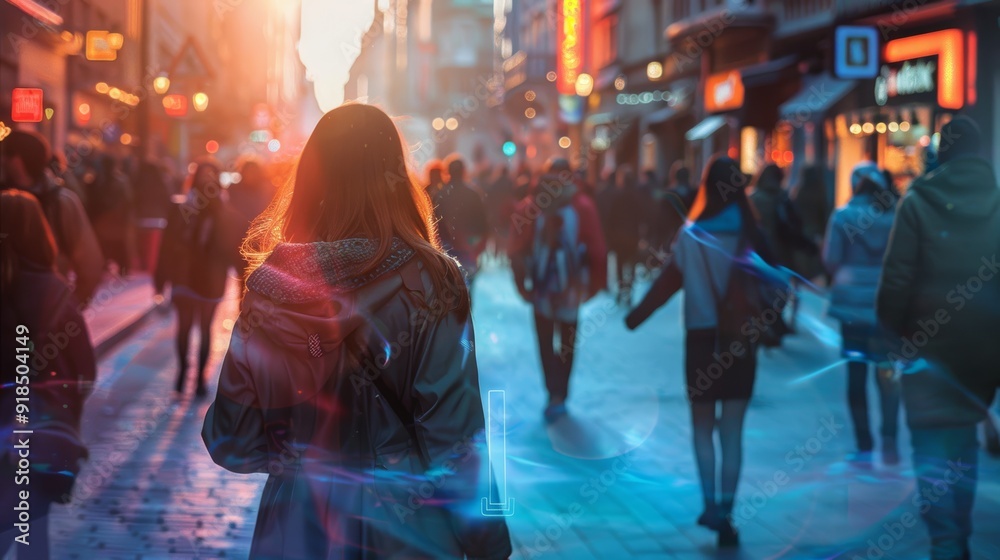 Young Woman Engrossed in Smartphone Amidst a Busy City Street at Night Young Woman Engrossed in Smartphone Amidst a Busy City Street at Night