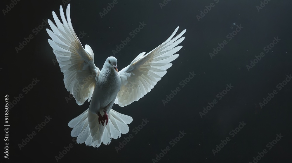 Fototapeta premium White dove flying on a dark background. AI generated.