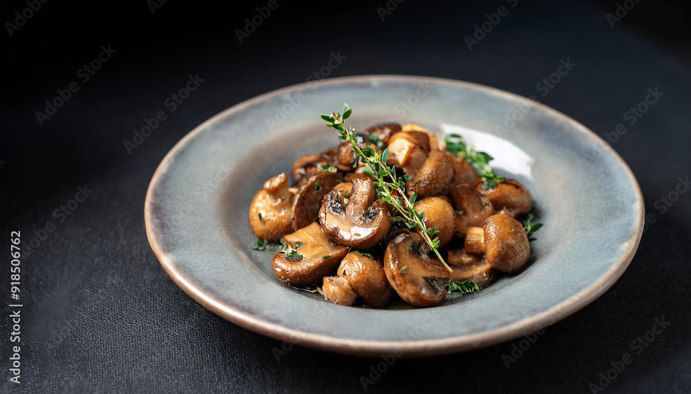 Mushrooms in butter with fresh garlic and thyme. Aromatic side dish. Tasty food. Close-up.