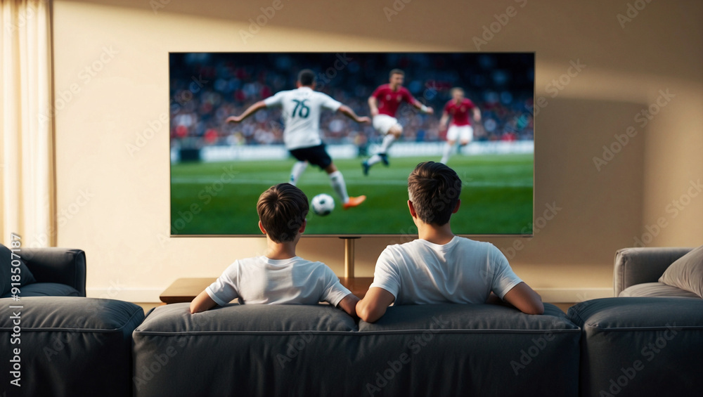 Father and Son Bonding Over a Live Soccer Match on a Large High-Definition Television in the Living Room Father and Son Bonding Over a Live Soccer Match on a Large High-Definition Television in the Living Room