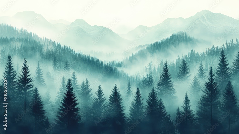 Fototapeta premium Misty fir forest beautiful landscape in hipster vintage retro style, misty mountains and trees. Ai generation