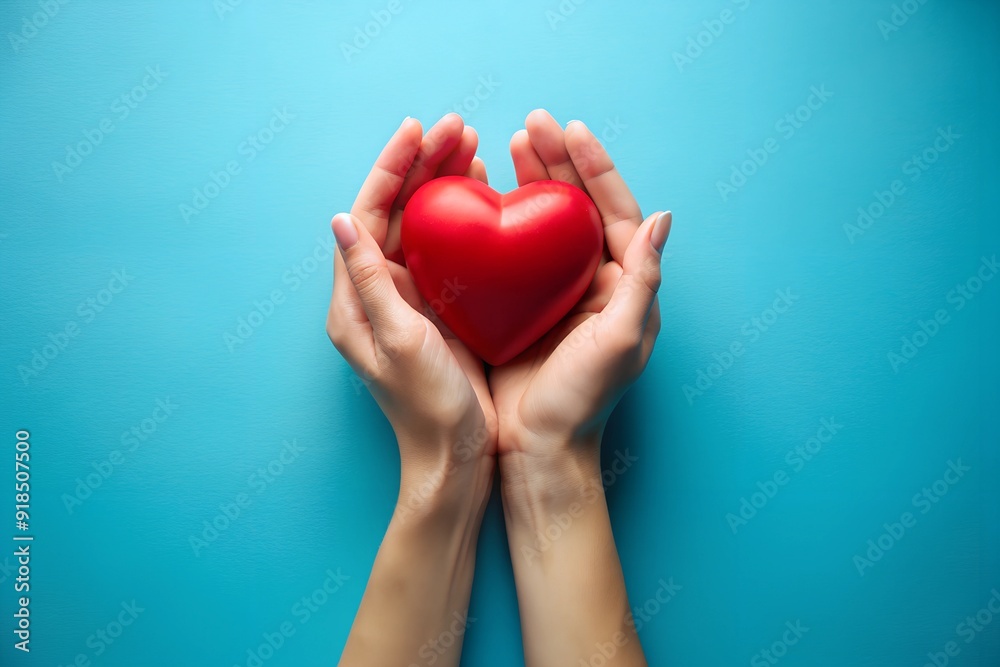 Hands gently cradling a red heart shape against a bright blue background, symbolizing love, care, and emotional support Hands gently cradling a red heart shape against a bright blue background, symbolizing love, care, and emotional support