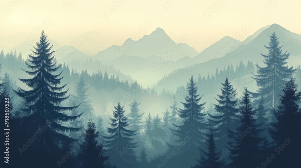 Fototapeta premium Misty fir forest beautiful landscape in hipster vintage retro style, misty mountains and trees. Ai generation