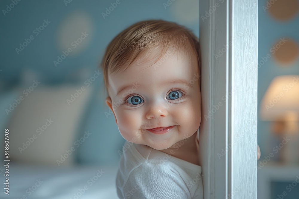 A Baby Girl Peeking Around a Corner with a Curious Expression A Baby Girl Peeking Around a Corner with a Curious Expression