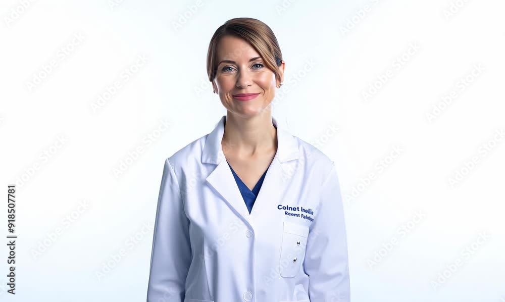 Portrait of a female doctor smiling at the camera on white background Portrait of a female doctor smiling at the camera on white background