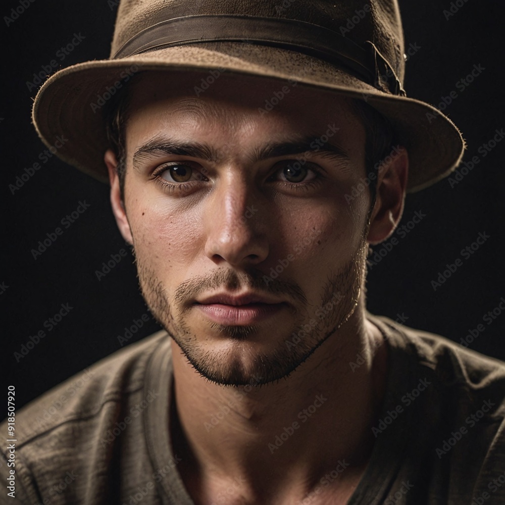 Contemplative Young Man in Hat with Dramatic Lighting Contemplative Young Man in Hat with Dramatic Lighting