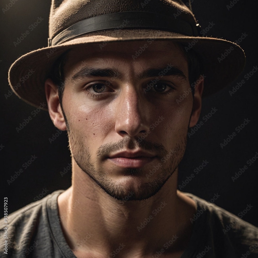 Contemplative Young Man in Hat with Dramatic Lighting Contemplative Young Man in Hat with Dramatic Lighting