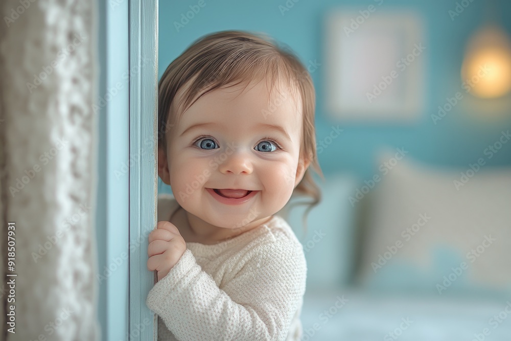 A Baby Girl Peeking Around a Corner with a Big Smile