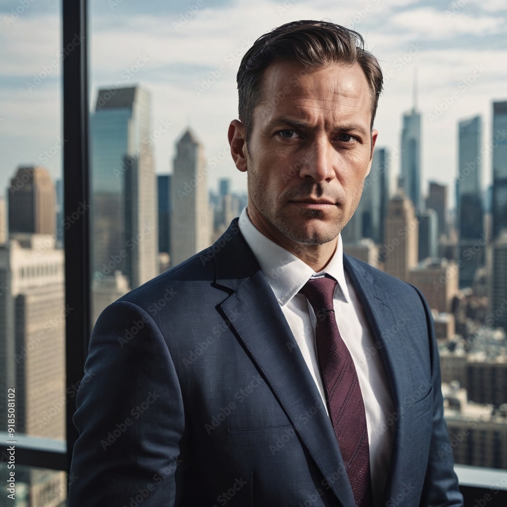 Serious MiddleAged Businessman in Suit and Tie by City Window Serious MiddleAged Businessman in Suit and Tie by City Window