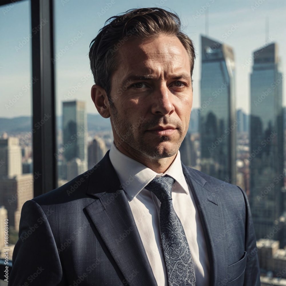 Serious MiddleAged Businessman in Suit and Tie by City Window