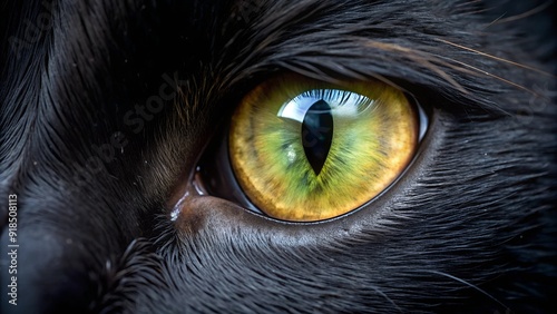 Close-up of a black cat’s eye with intense green and yellow hues, capturing the mysterious and captivating essence of feline vision, showing incredible detail and sharpness