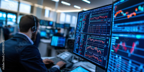 A stock market trading floor with traders monitoring screens, displaying fluctuating stock price charts and market data