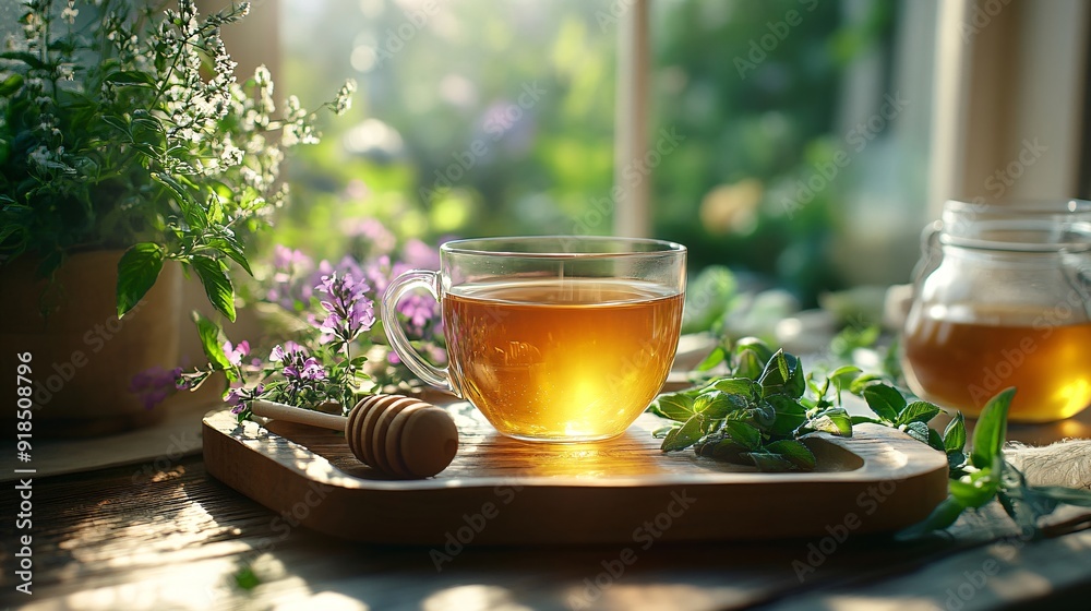 Soothing herbal tea with honey and fresh herbs by sunlit window, cozy home remedy scene for wellness blogs, tea packaging, and natural health product advertising