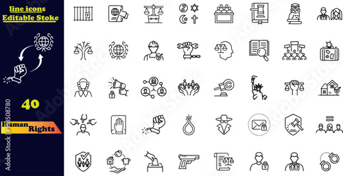 Set of line icons related to human rights. Outline icon collection. democracy, equality of rights, tolerance, activism, freedom. 