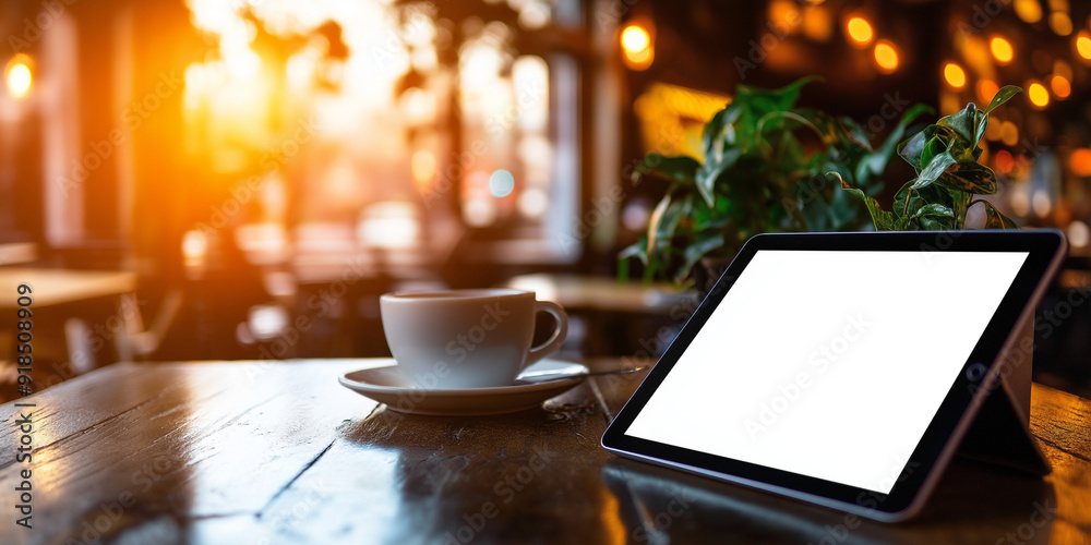 A blank form displayed on a tablet screen, propped up on a table in a cozy cafÃ©, ready for your promotional content