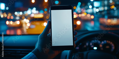 A blank form on a smartphone screen, held up by a passenger in a taxi, ready to display your custom poster photo