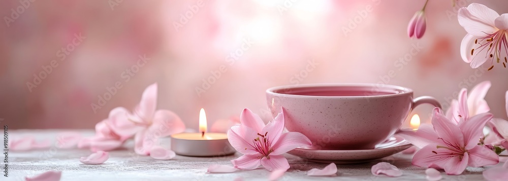 Cup of tea wit lily blossom and candles spa composition background Cup of tea wit lily blossom and candles spa composition background