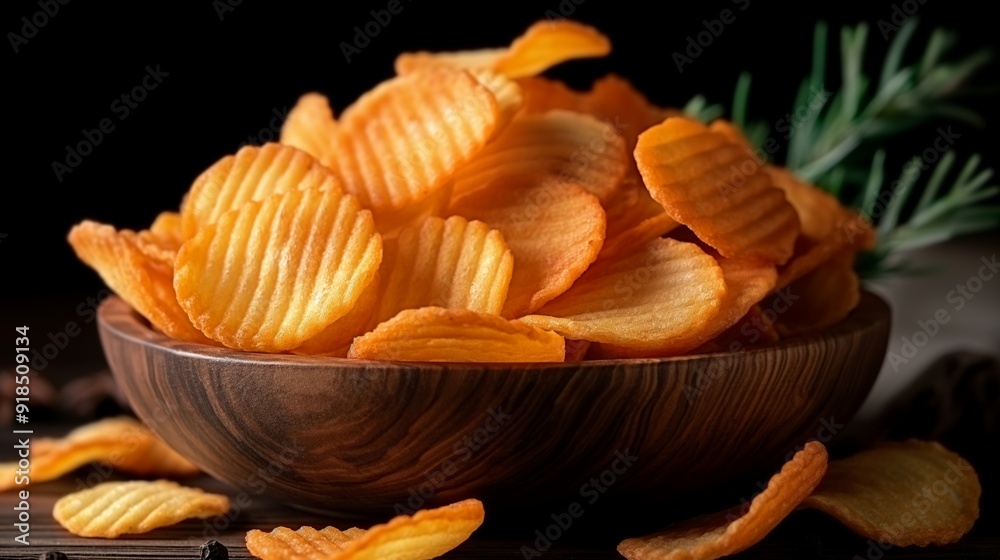A wooden bowl overflows with golden, crispy potato chips, each chip perfectly ridged and inviting. A wooden bowl overflows with golden, crispy potato chips, each chip perfectly ridged and inviting.