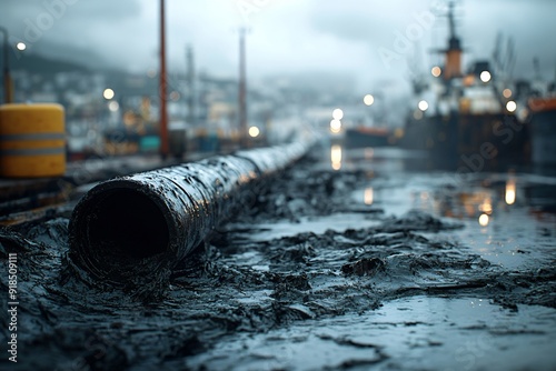 Industrial pollution in gloomy harbor with oil spills and waste pipes, highlighting environmental issues for documentaries, awareness campaigns, and eco-activism