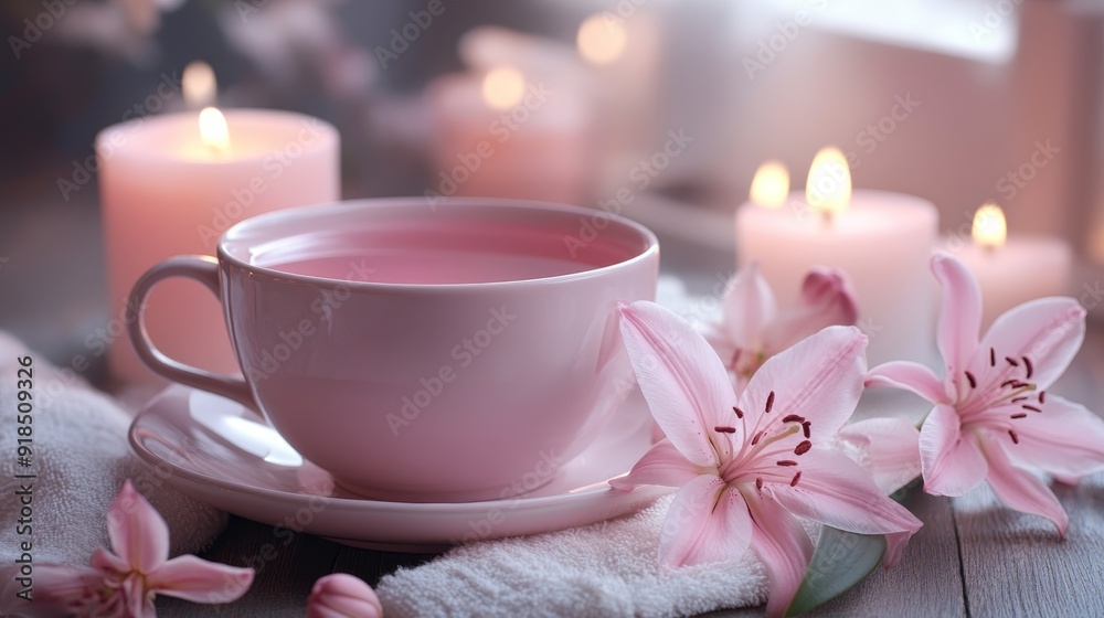 Cup of tea wit lily blossom and candles spa composition background Cup of tea wit lily blossom and candles spa composition background